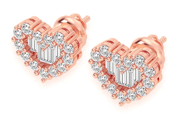 0.80ct Diamond Baguette Heart Stud Earrings 18k Solid Gold - Image 2