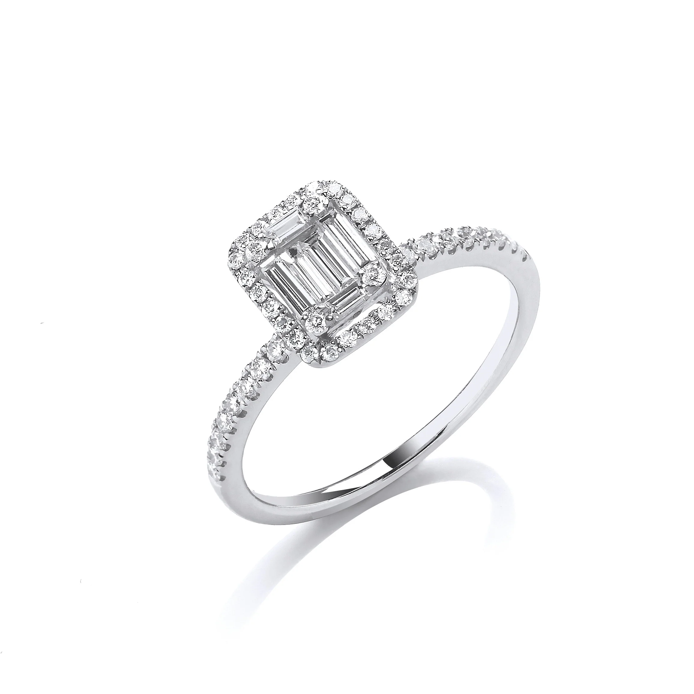 18ct White Gold 0.50ct Baguette & Brilliant Cut Diamonds Rectangle Halo Ring - 18ct Gold