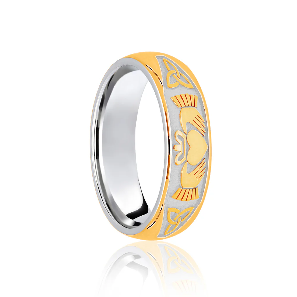 18ct White & Yellow Celtic Half Engraved Wedding Band 7mm