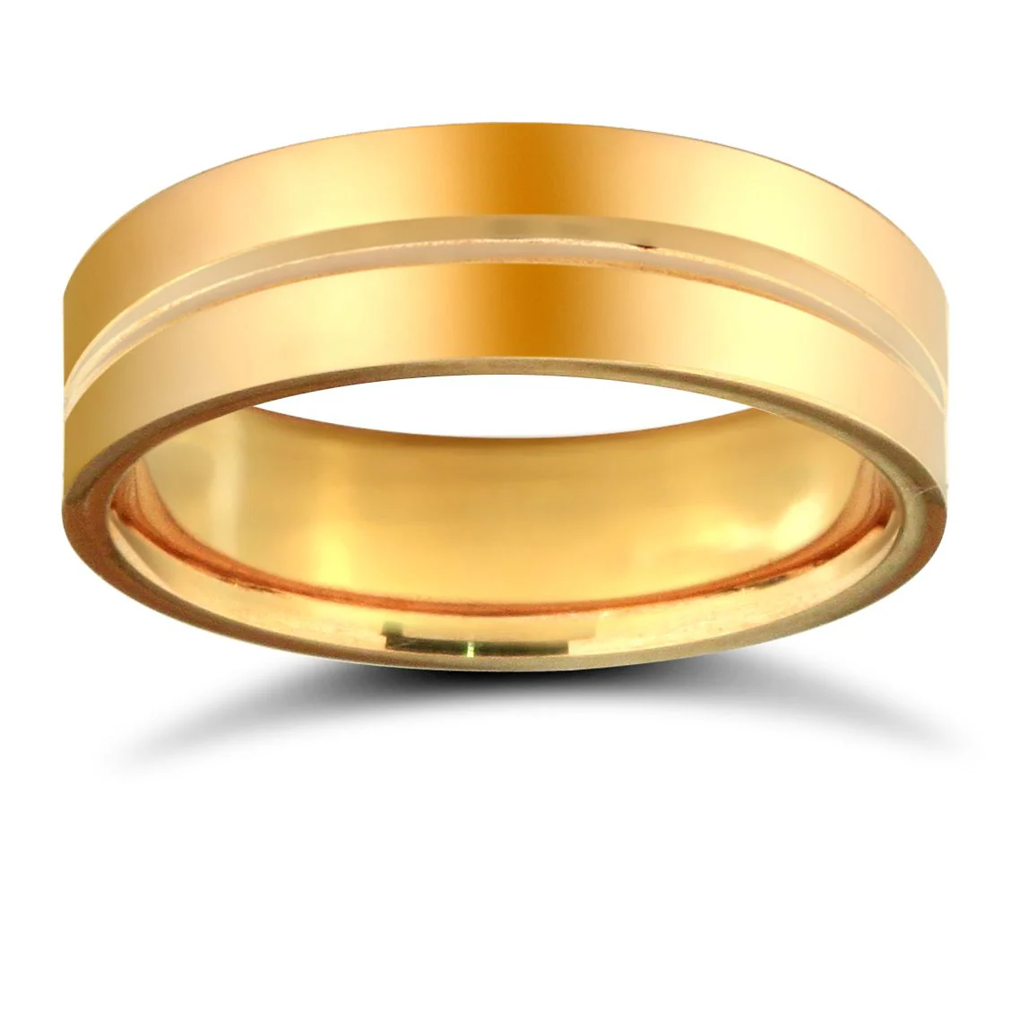 18ct Yellow Gold Premium Weight Flat Court Profile Centre Groove Wedding Ring