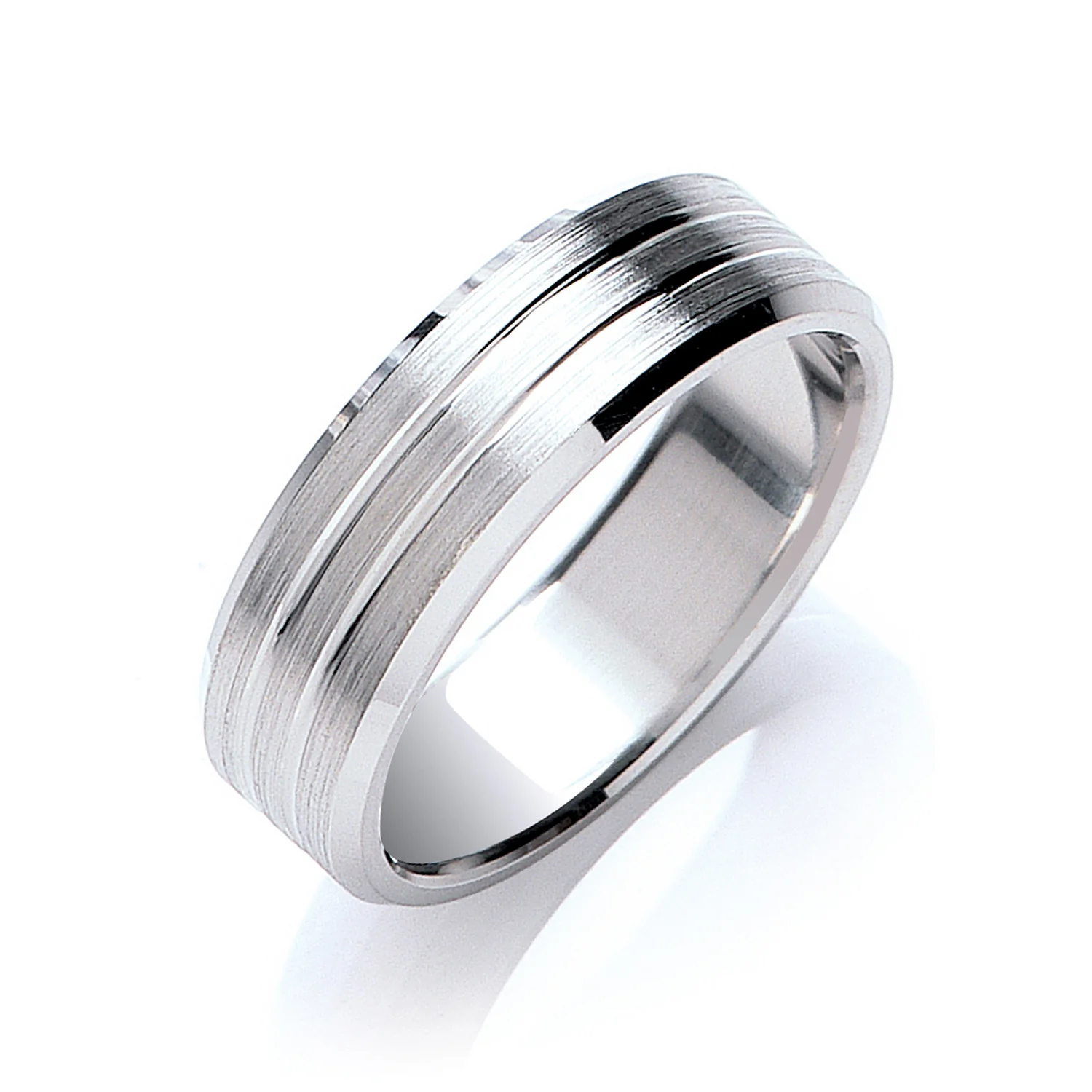 7mm Flat Court Bevelled Edge Matt & Grooves Wedding Band - Platinum