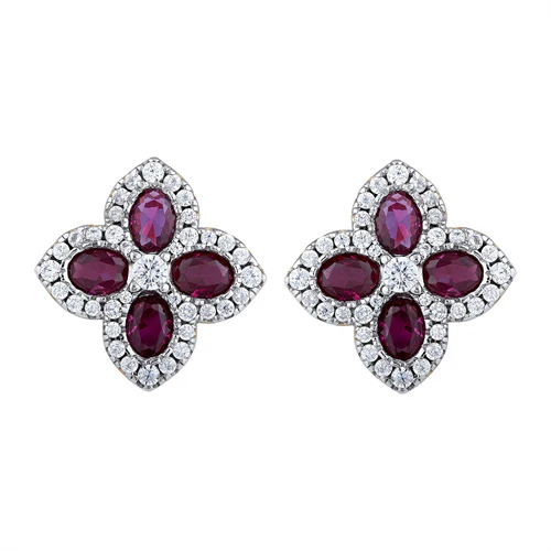 925 Silver 14ct Gold Plate Cubic Zirconia Set Clover Studs Red