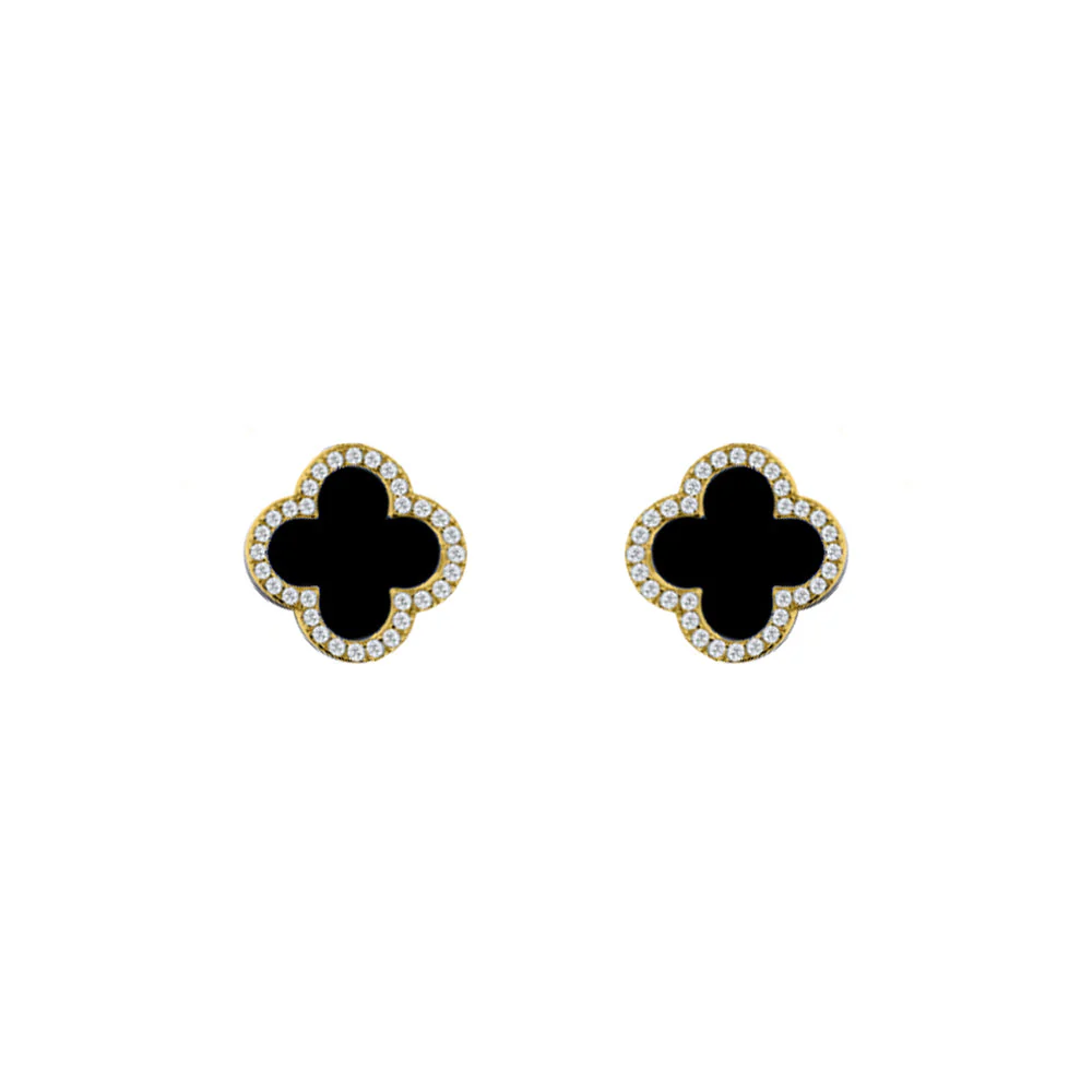 925 Silver 14ct gold Plated Cubic Zirconia Set 5 Clover Stud Earrings Black Onyx Colour