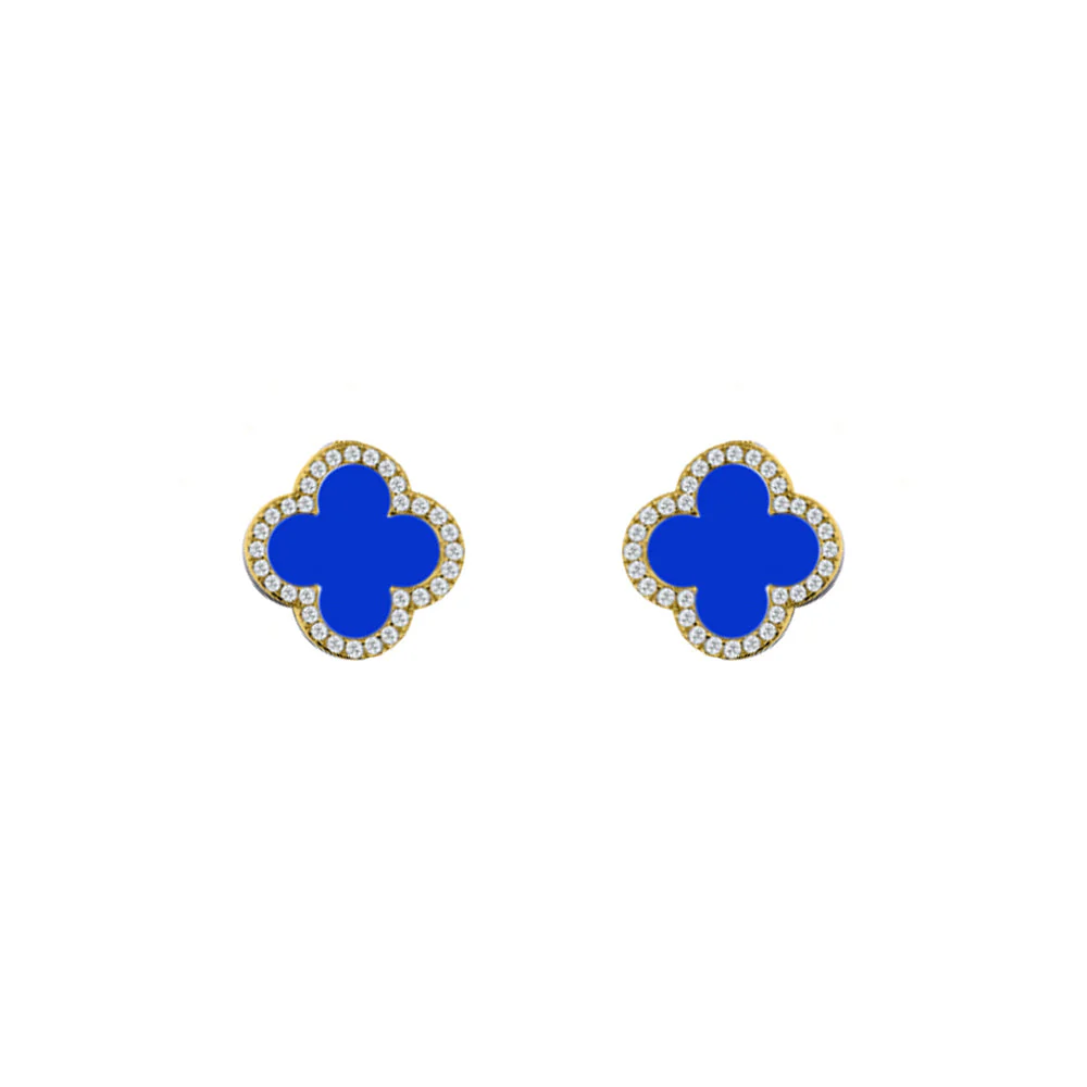 925 Silver 14ct gold Plated Cubic Zirconia Set 5 Clover Stud Earrings Blue Agate Colour