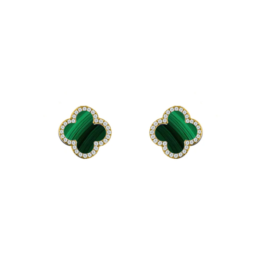 925 Silver 14ct gold Plated Cubic Zirconia Set 5 Clover Stud Earrings Malachite Green