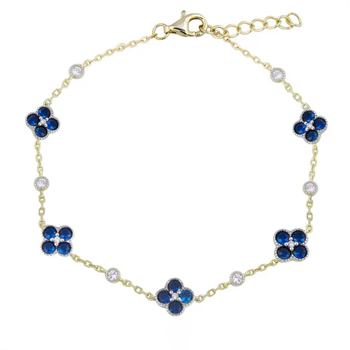 925 Silver 14ct Gold Plated Cubic Zirconia Set Clover Bracelet Blue