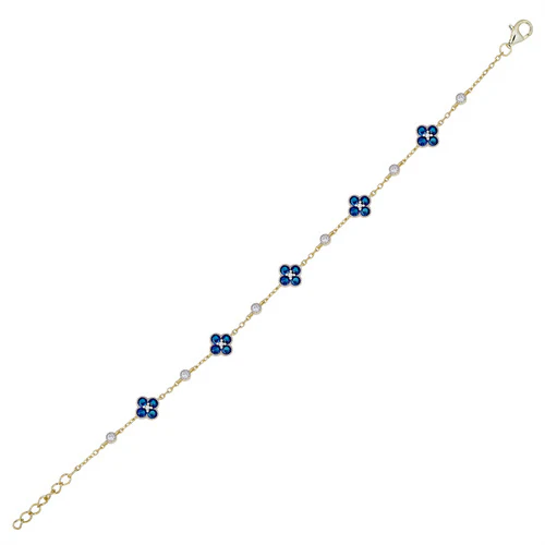925 Silver 14ct Gold Plated Cubic Zirconia Set Clover Bracelet Blue - Image 2