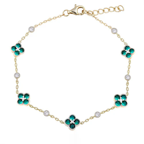 925 Silver 14ct Gold Plated Cubic Zirconia Set Clover Bracelet Green