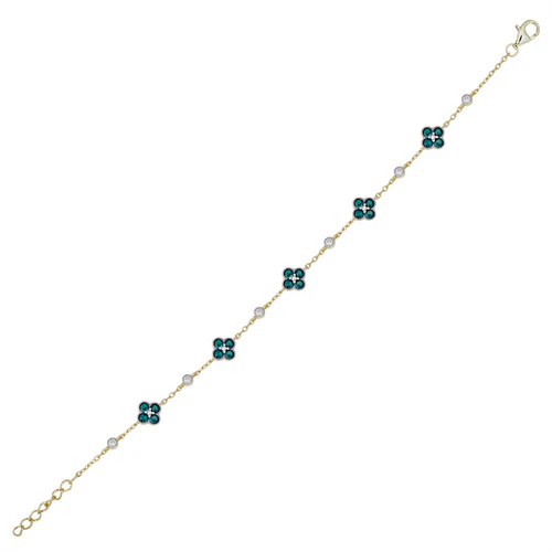925 Silver 14ct Gold Plated Cubic Zirconia Set Clover Bracelet Green - Image 2
