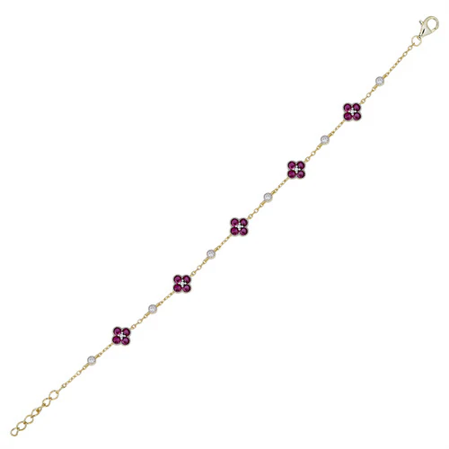 925 Silver 14ct Gold Plated Cubic Zirconia Set Clover Bracelet Red - Image 2