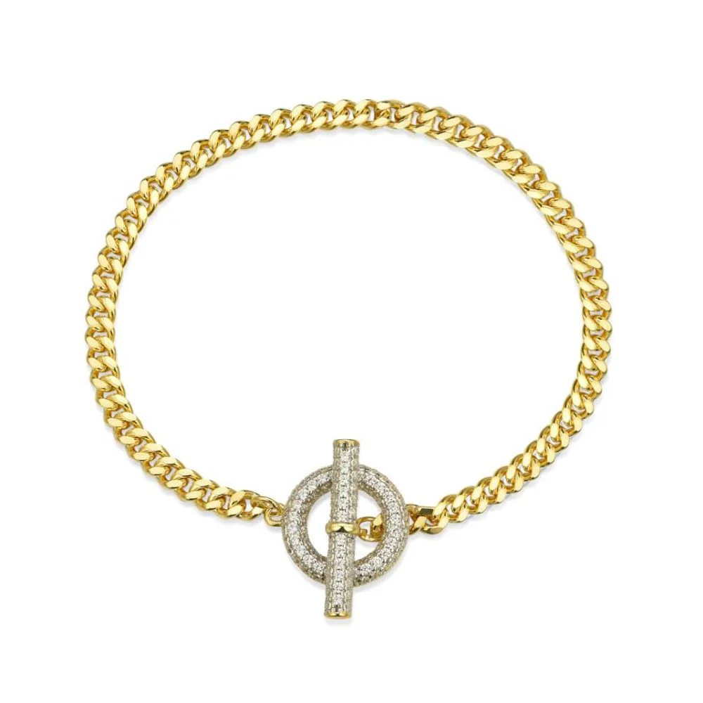925 Silver 14ct Gold Plated Cubic Zirconia Set T Bar Bracelet