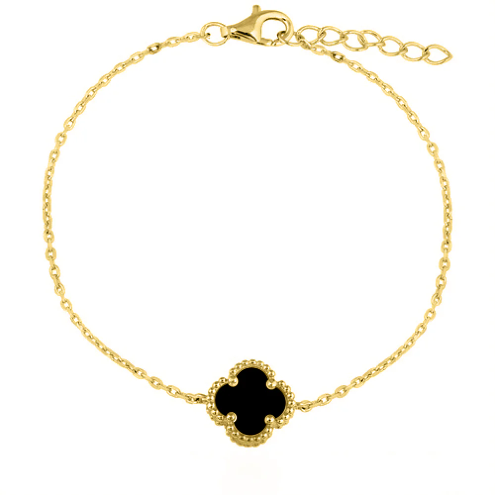 925 Silver 14ct Gold Plated Onyx Clover Bracelet - Image 2
