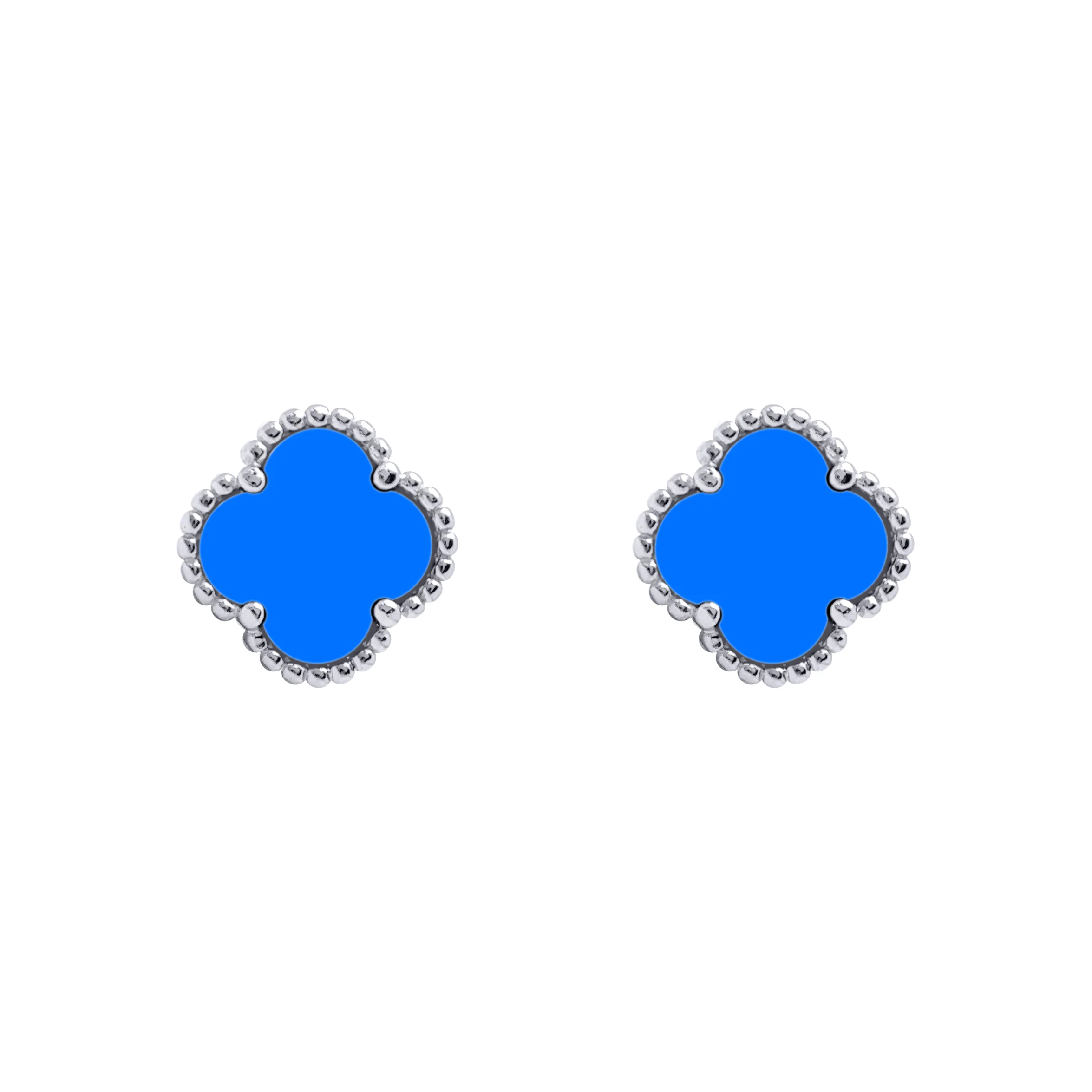 925 Silver Rhodium 5 Clover Stud Earrings Blue Agate Colour