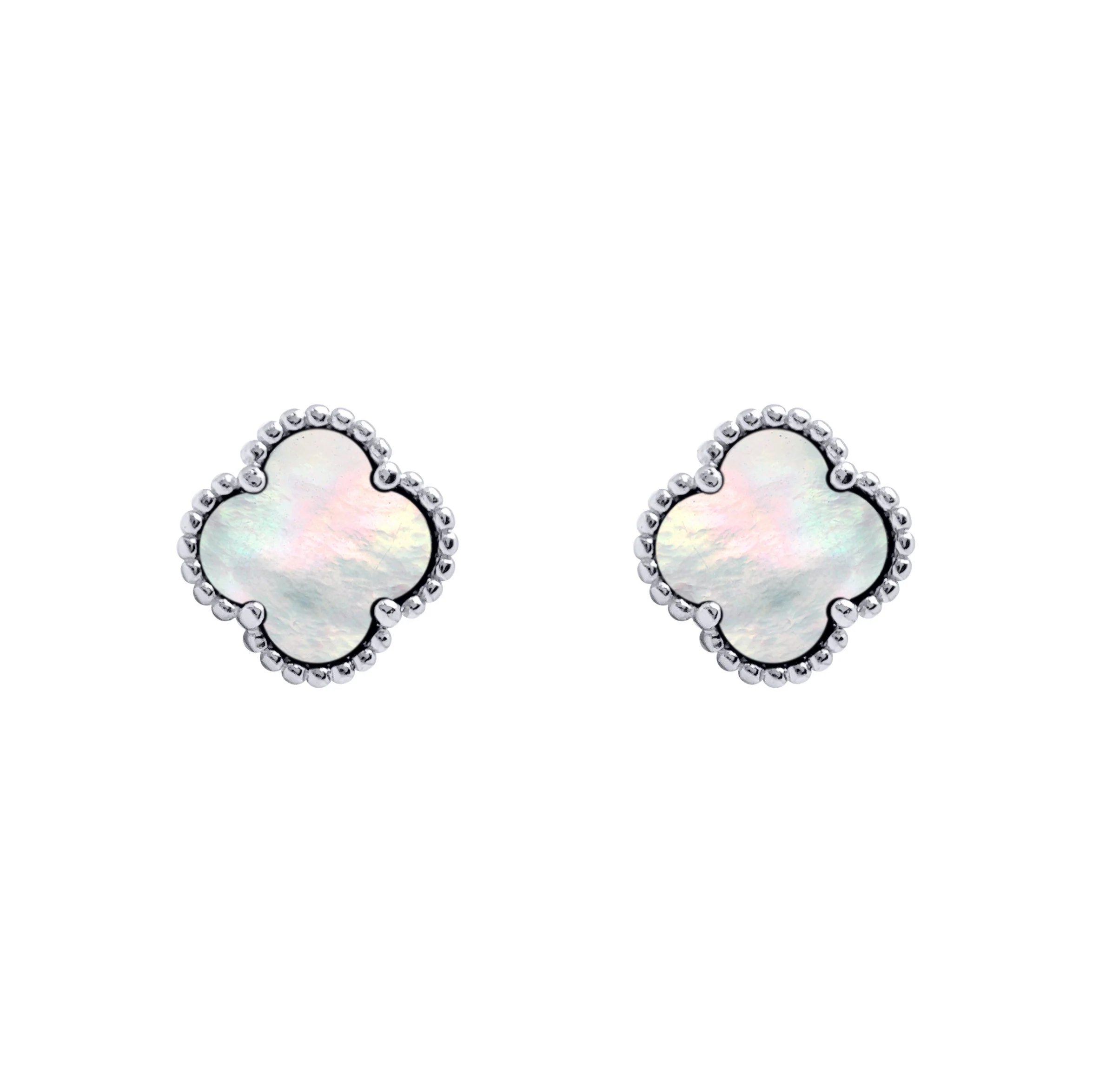 925 Silver Rhodium 5 Clover Stud Earrings MOP White Colour