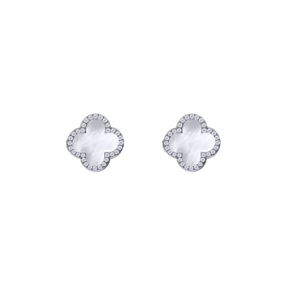 925 Silver Rhodium Cubic Zirconia Set 5 Clover Stud Earrings MOP White Colour