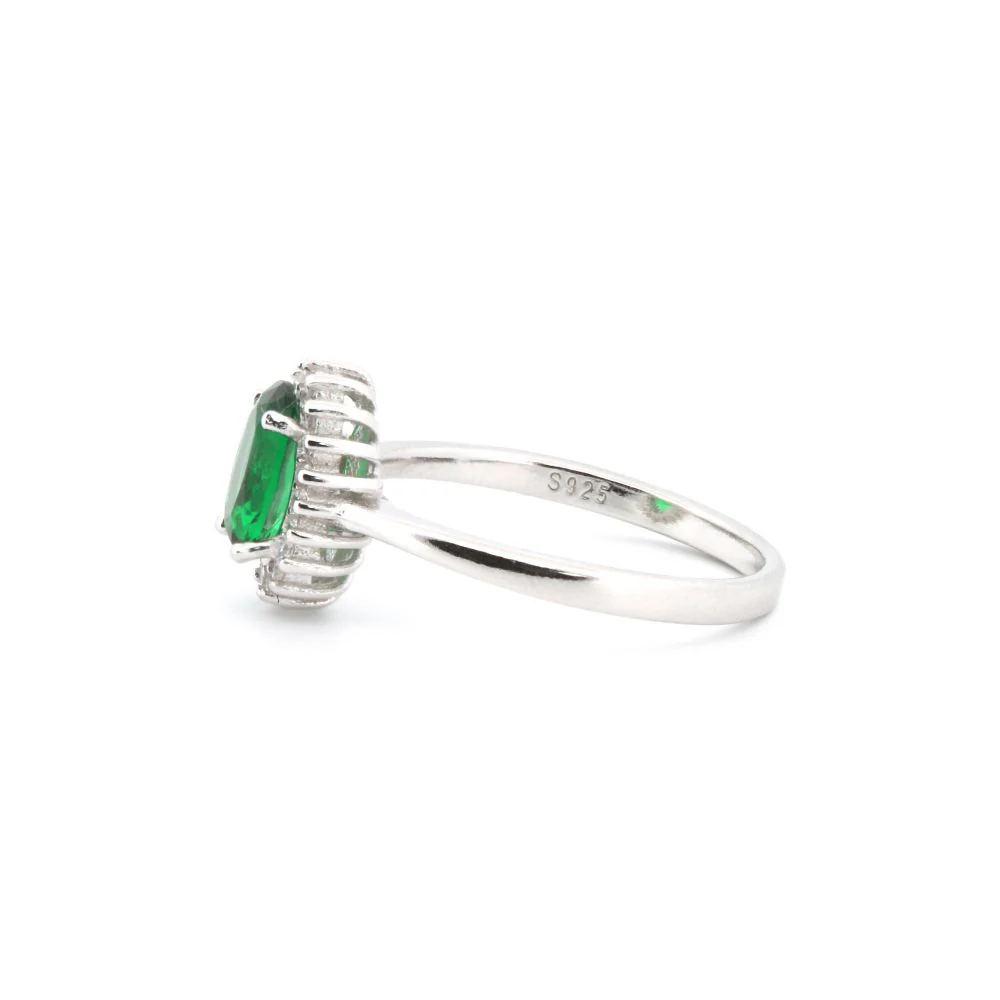 925 Silver Rhodium Cubic Zirconia Set Oval Cluster Emerald Green Centre - Image 3