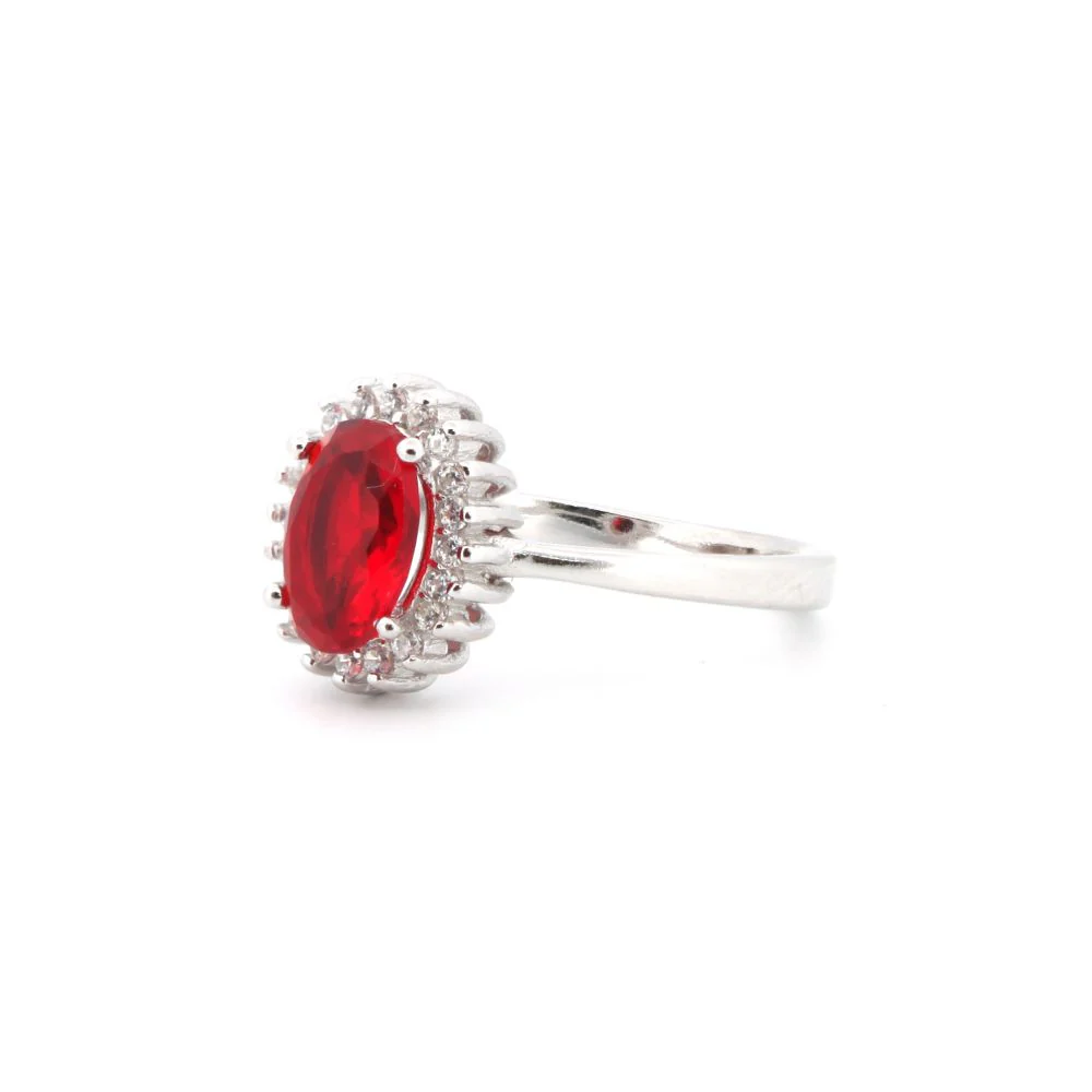 925 Silver Rhodium Cubic Zirconia Set Oval Cluster Ruby Red Centre - Image 2