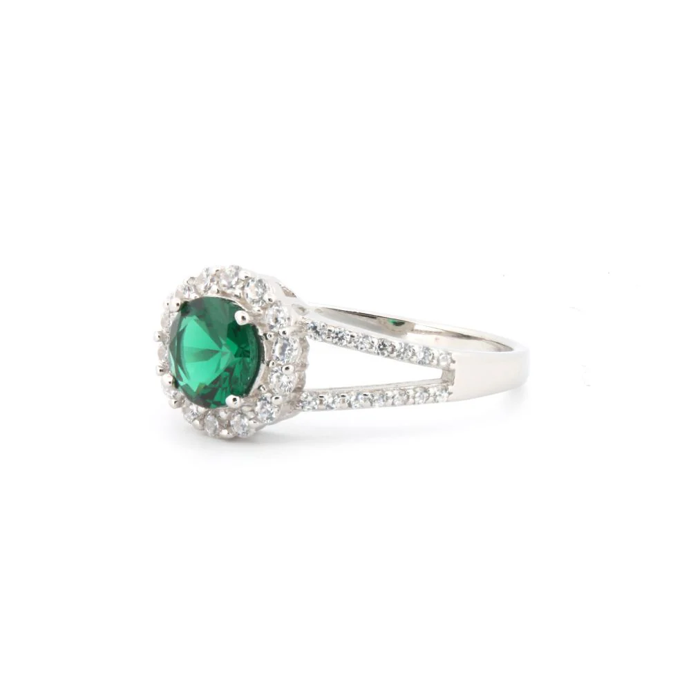 925 Silver Rhodium Cubic Zirconia Set Round Cluster Emerald Green Centre - Image 2