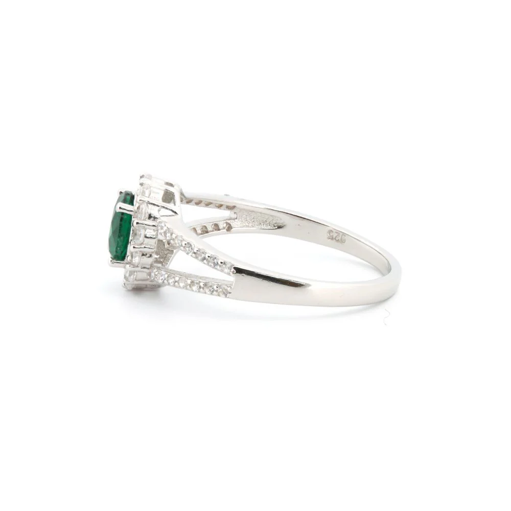 925 Silver Rhodium Cubic Zirconia Set Round Cluster Emerald Green Centre - Image 3