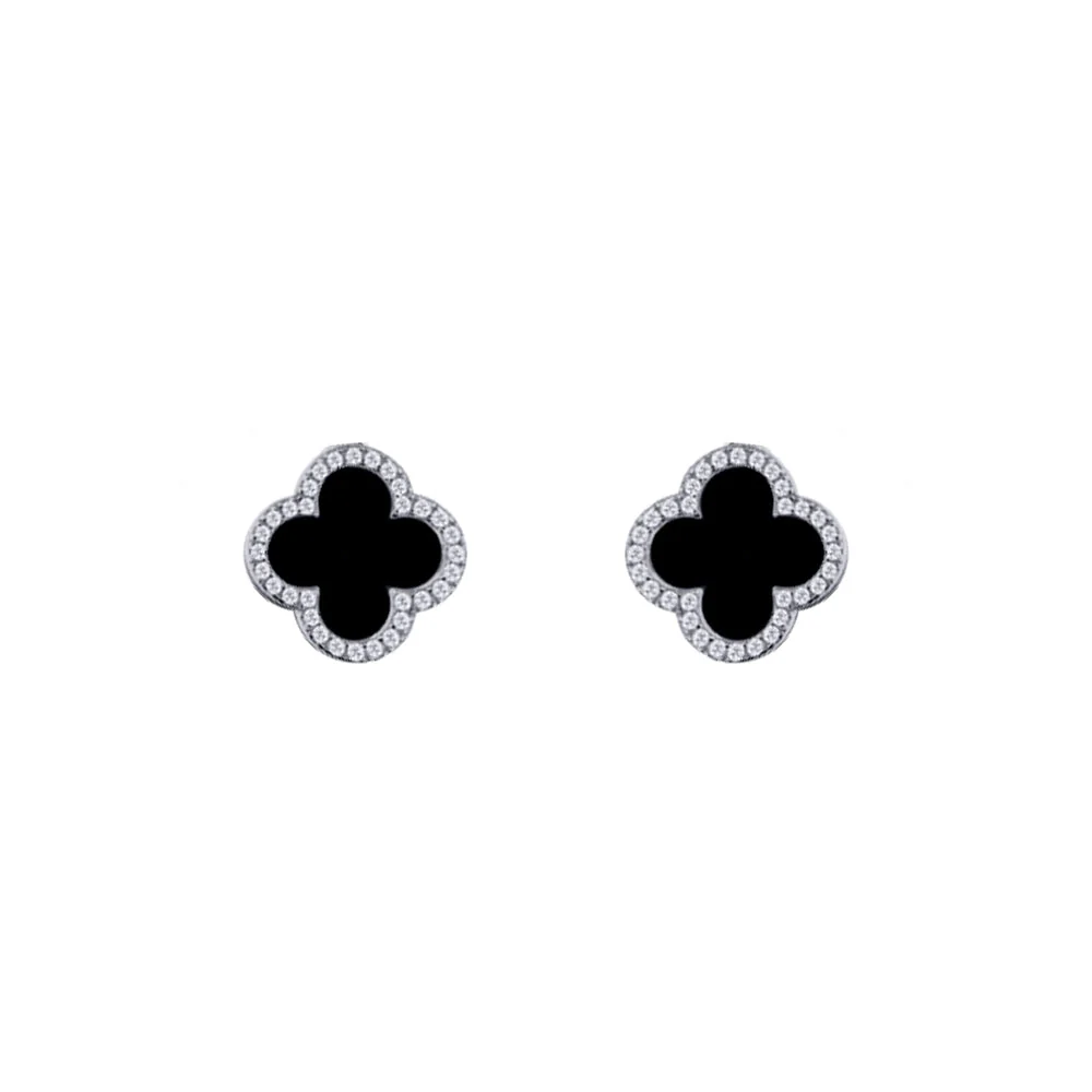 925 Silver Rhodium Plated Cubic Zirconia Set 5 Clover Stud Earrings Black Onyx Colour