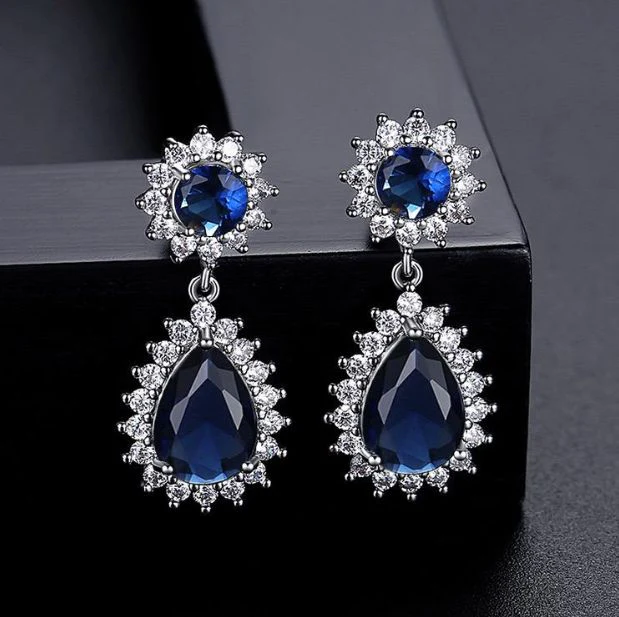 925 Silver Rhodium Plated Pear Shape Cluster Drops