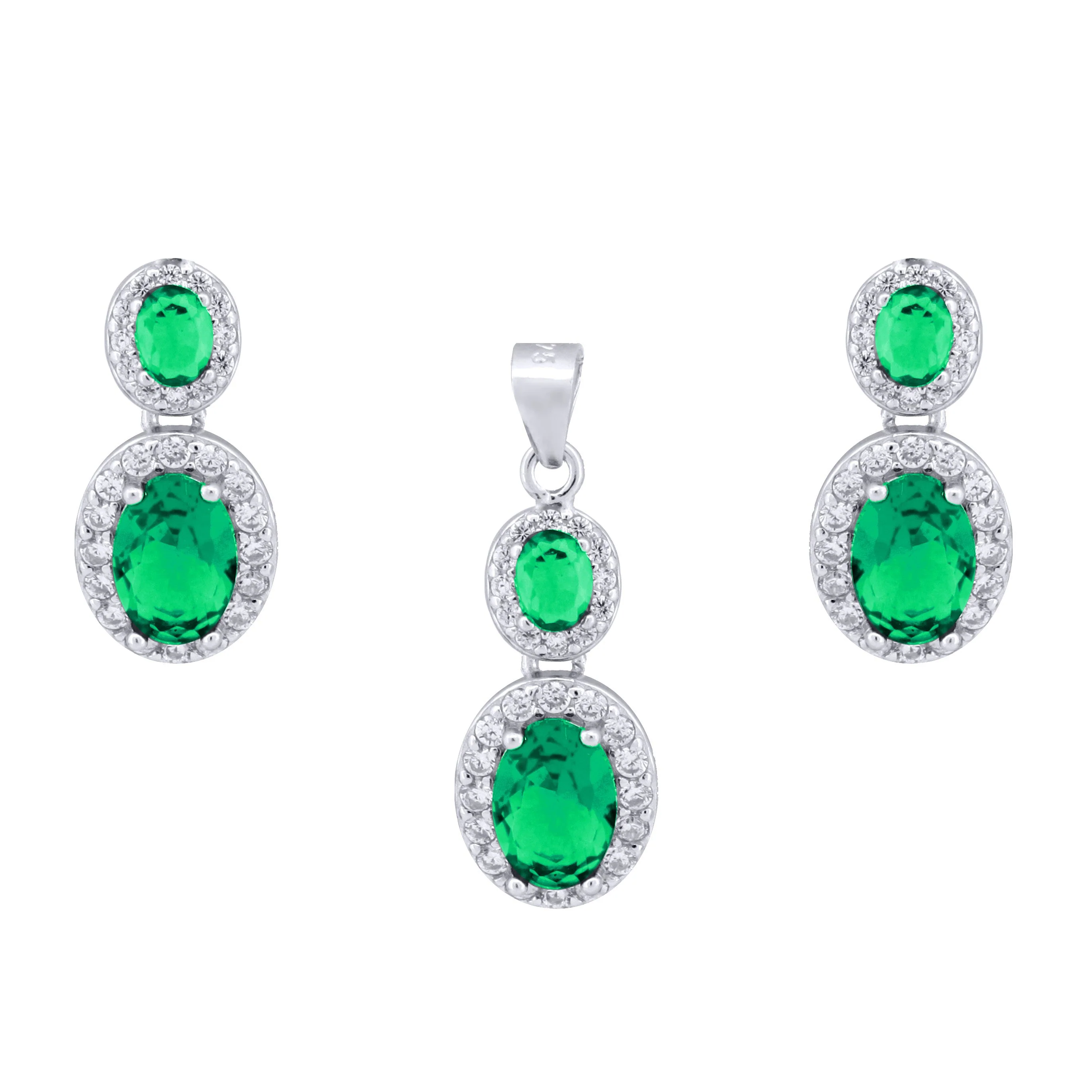 925 Silver Rhodium Princess Kate Emereld Centre Cubic Zirconia Earring and Pendant Set