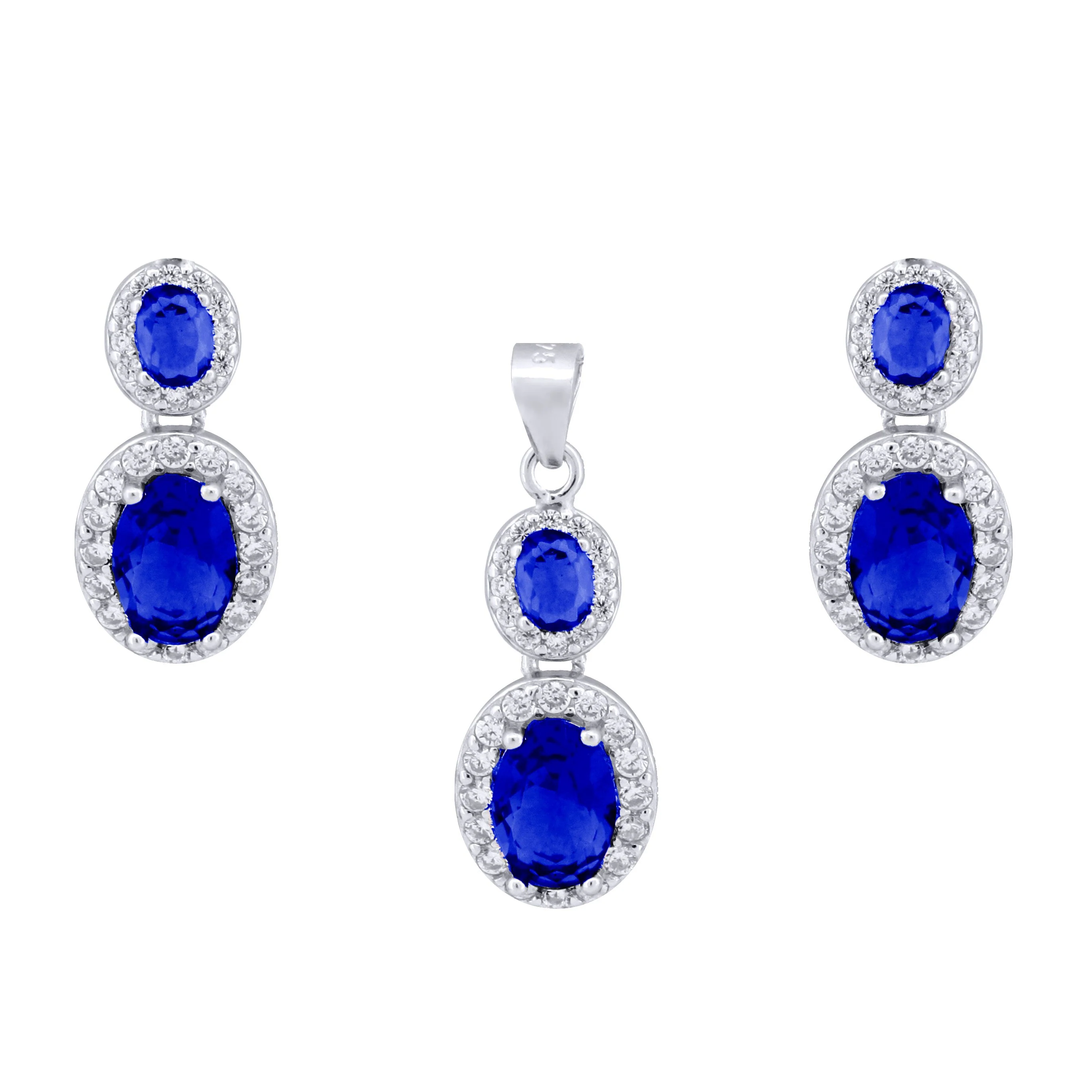 925 Silver Rhodium Princess Kate Sapphire Centre Cubic Zirconia Earring and Pendant Set