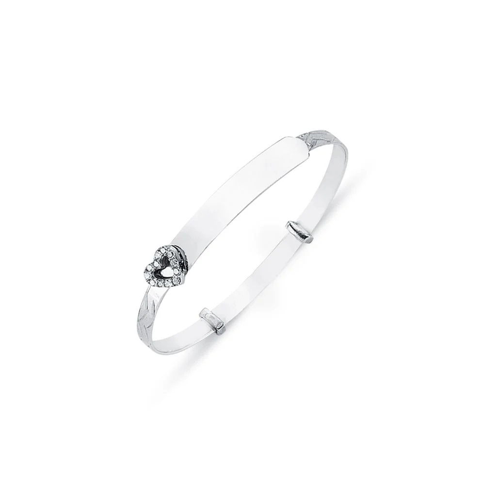 925 Sterling Silver Cubic Zirconia Set Heart Diamond Cut Id Expanding Baby / Childrens Bangle