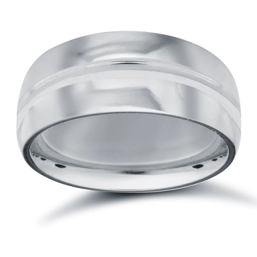 9ct White Gold Standard Weight D-Shape Profile Centre Groove Wedding Ring