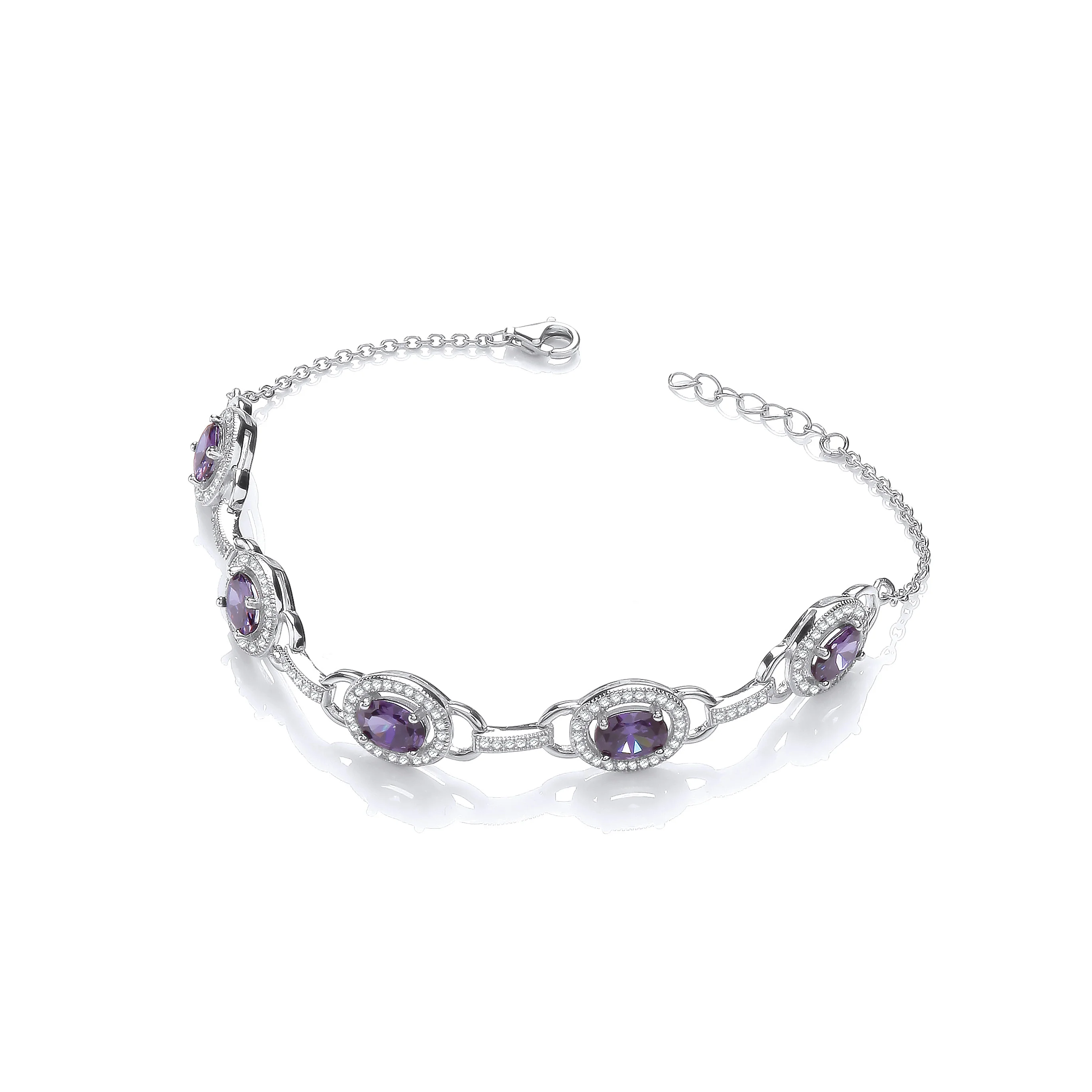 Amethyst & Clear Cubic Zirconias Halo Style Ladies Silver Bracelet - Silver - Image 2