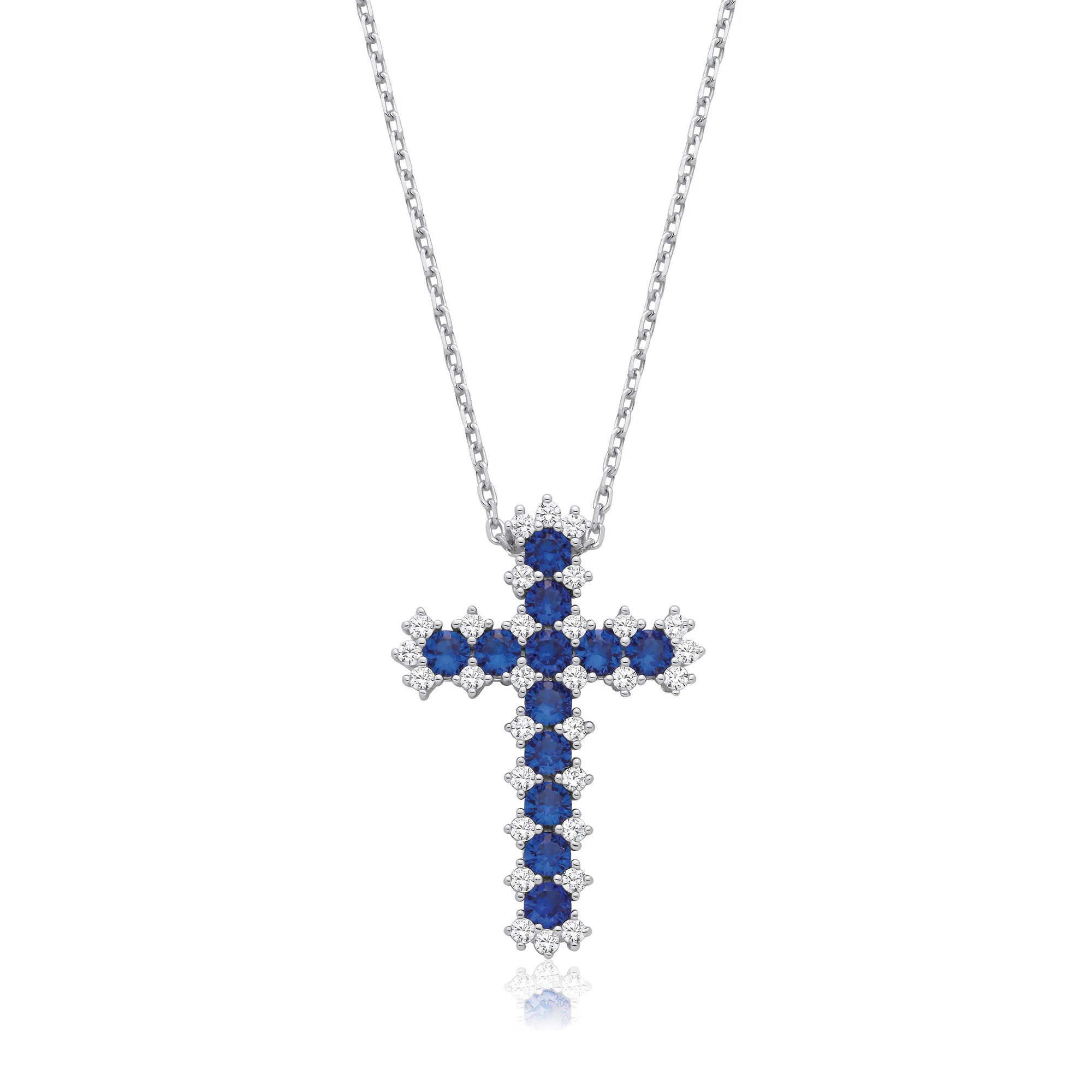 Blue & Clear Cubic Zirconia Cross with Chain - Silver - Image 2