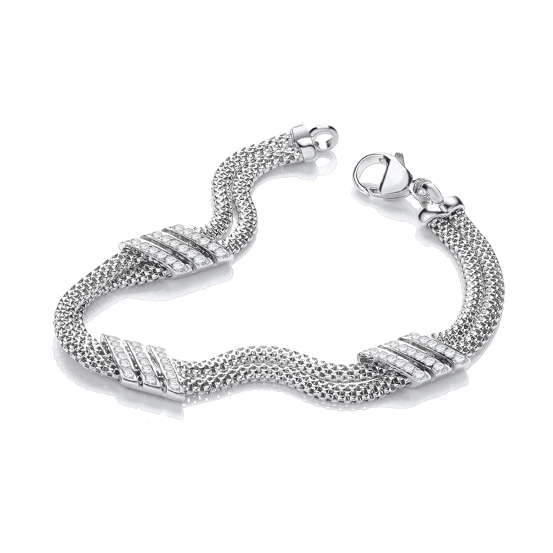 Double Row 3 Strings of Cubic Zirconia's Bracelet 7" - Silver - Image 2