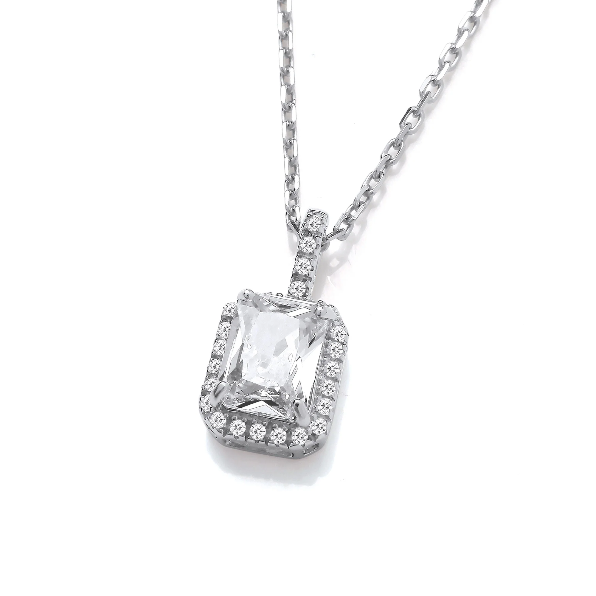 Emerald Cut Cubic Zirconia Halo , Cubic Zirconia Bail Silver Pendant with Chain - Silver - Image 2