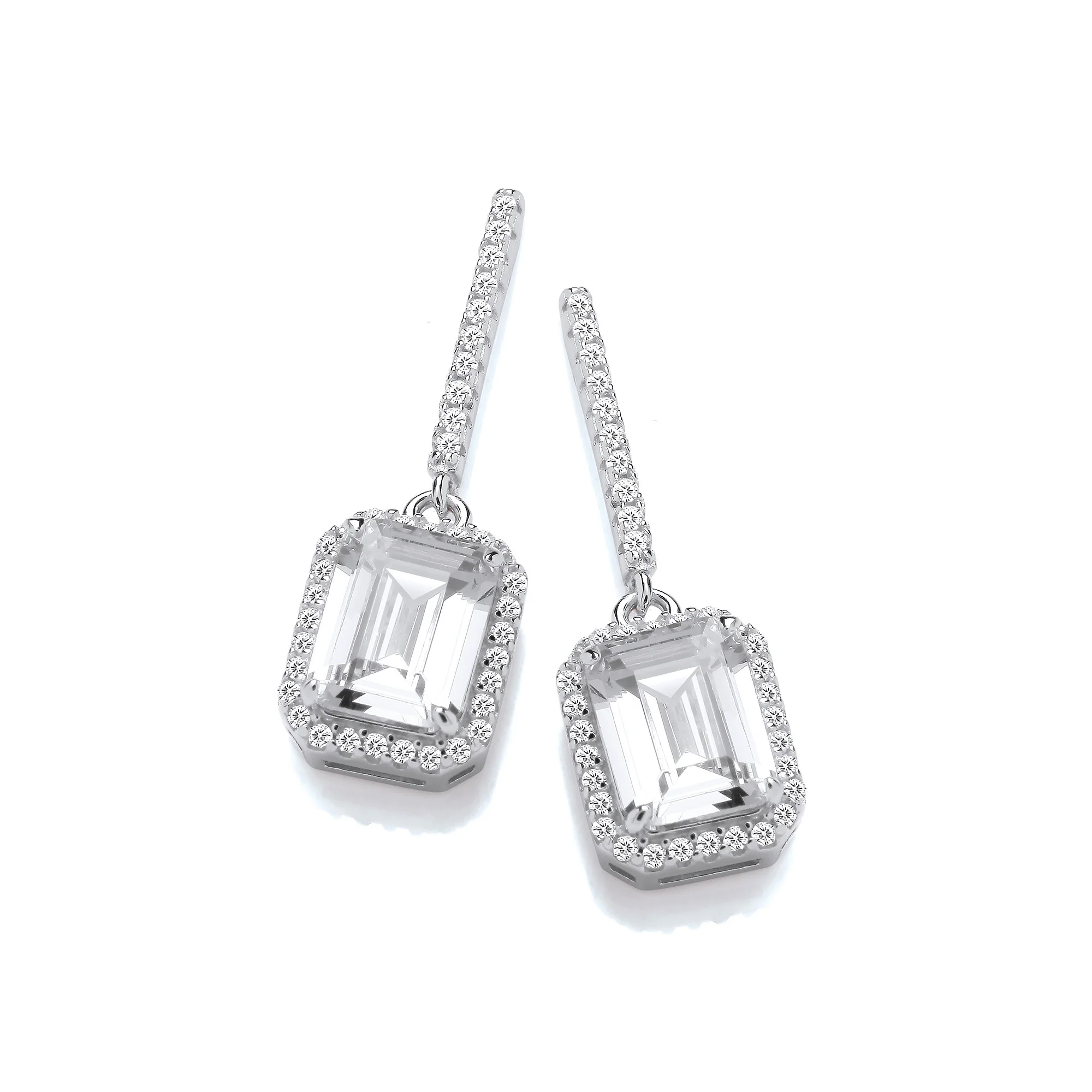 Emerald Cut Cubic Zirconia Halo Silver Drop Earrings - Silver - Image 2