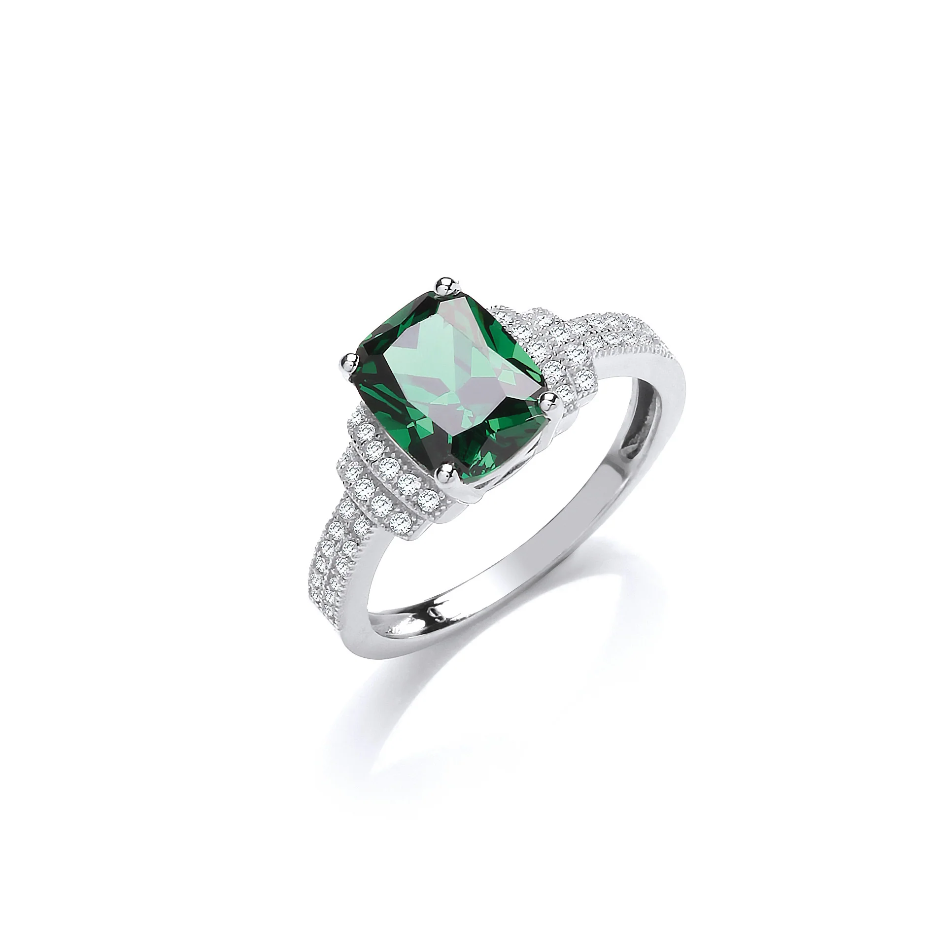 Emerald Cut Green Cubic Zirconia Centre with Clear Cubic Zirconia on Shoulder Silver Ring - Silver - Image 2