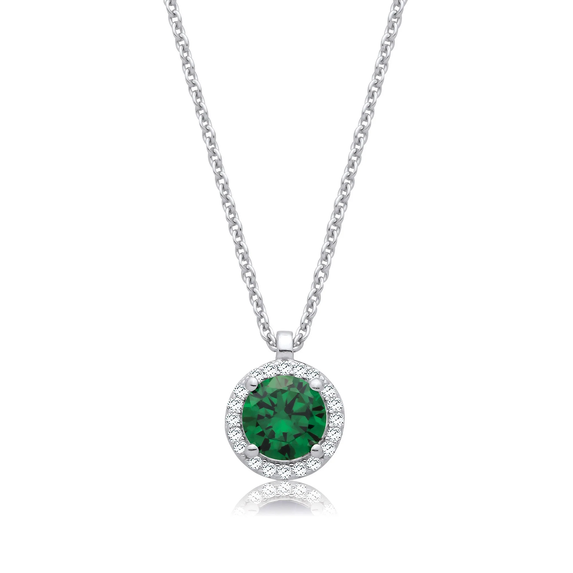 Emerald Green and Clear Cubic Zirconias Halo Pendant with Chain - Silver - Image 2