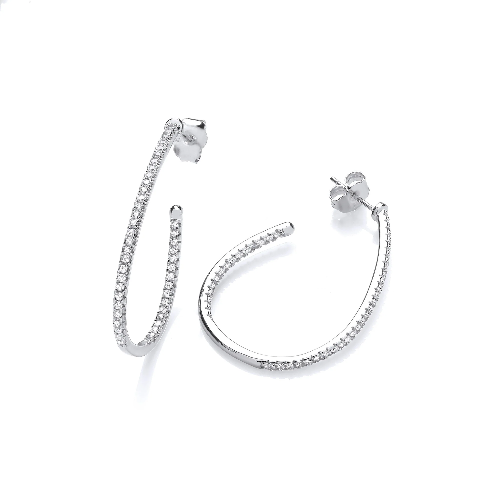 Half Hoop, Teardrop Cubic Zirconia Earrings - Silver - Image 5