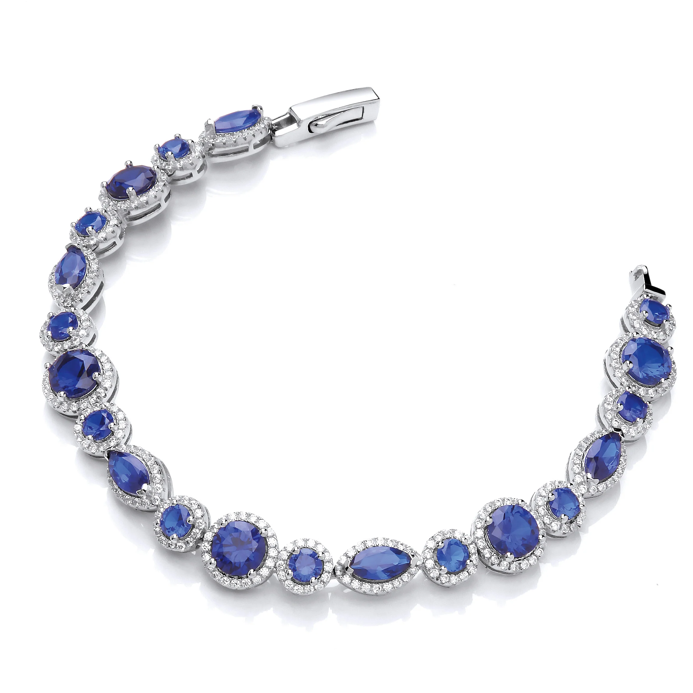 Marquise & Rounds Sapphire Blue Cubic Zirconia's in Halo with Clear Cubic Zirconia Tennis Silver Bracelet - Silver - Image 2