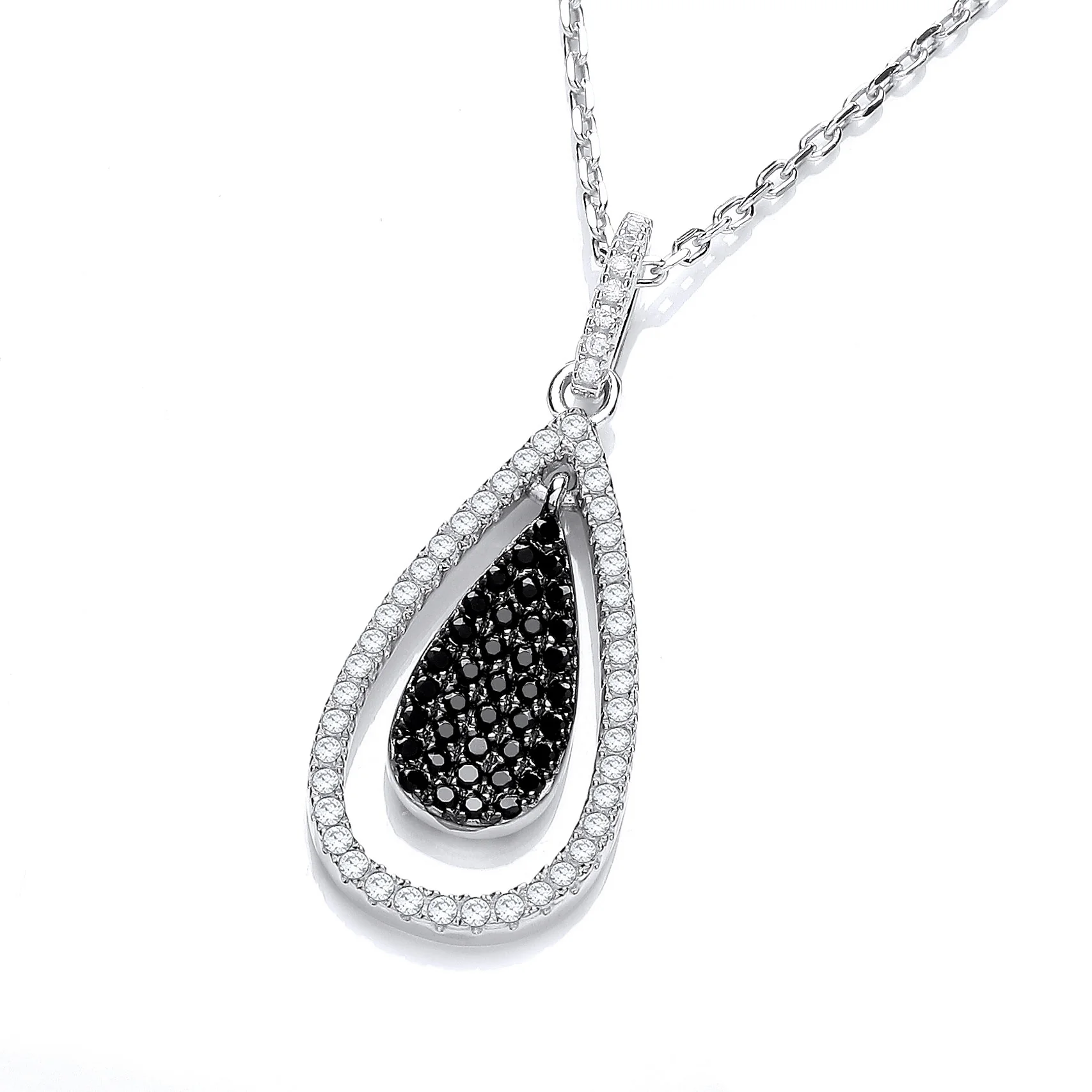 Micro Pave' Black & White Drop Pendant with 18" Chain - Silver - Image 2