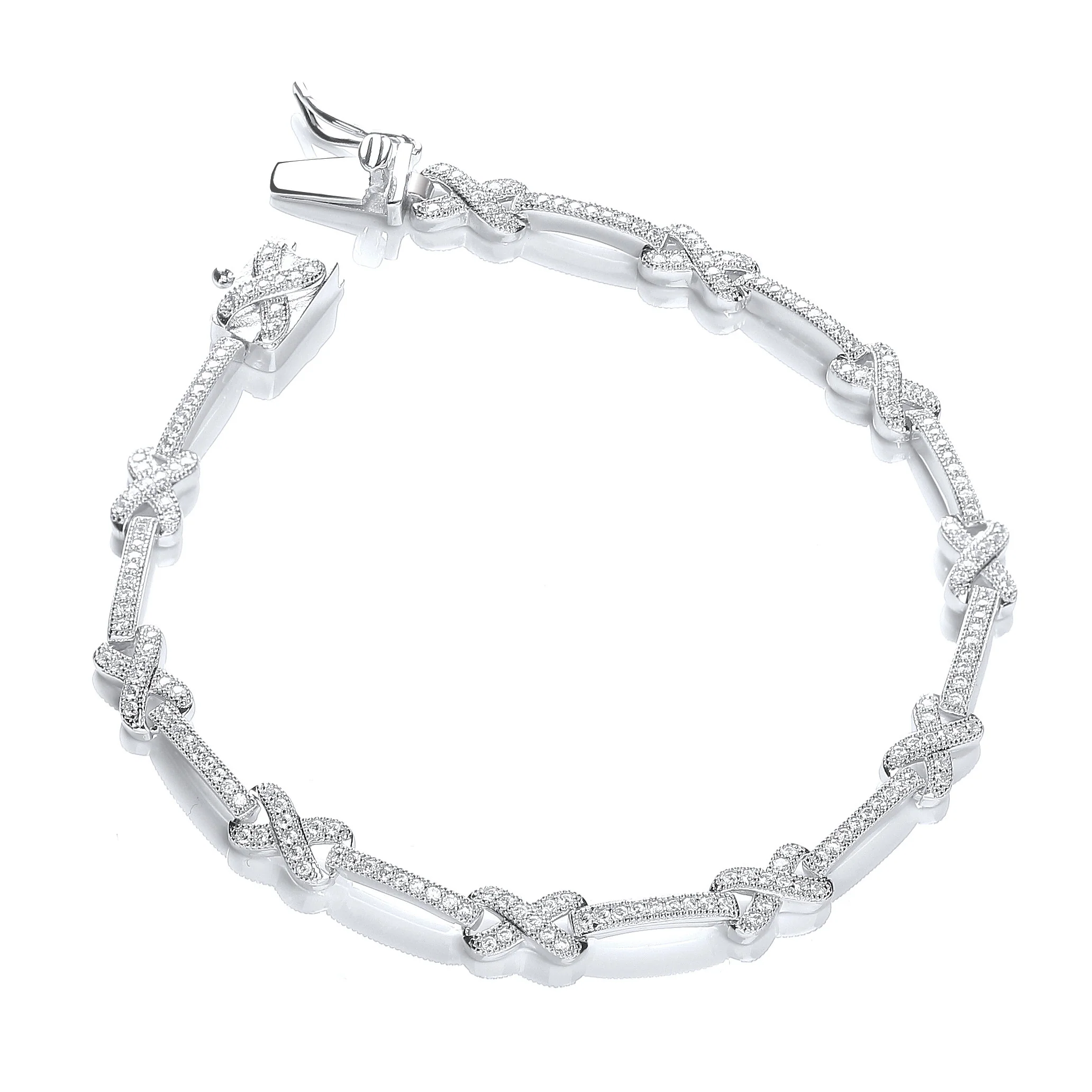 Micro Pave' Kisses 200 Cubic Zirconia Bracelet 7"/18cm - Silver - Image 2
