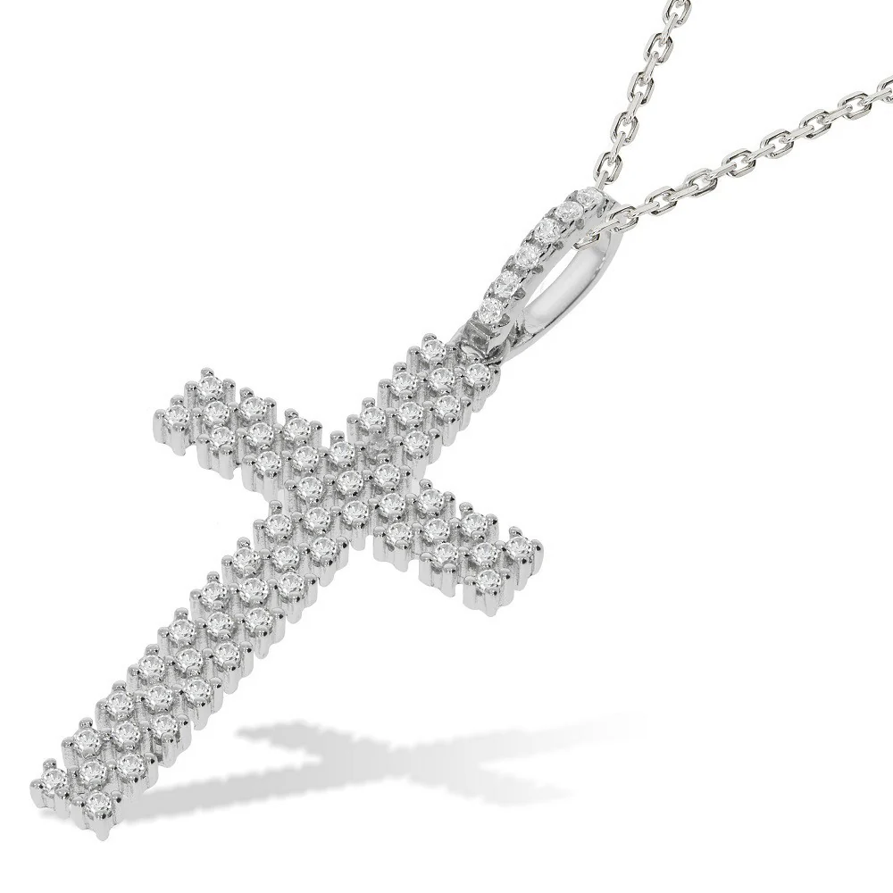 Micro Pave' Multi Row Cubic Zirconia Cross with Chain - Silver - Image 2