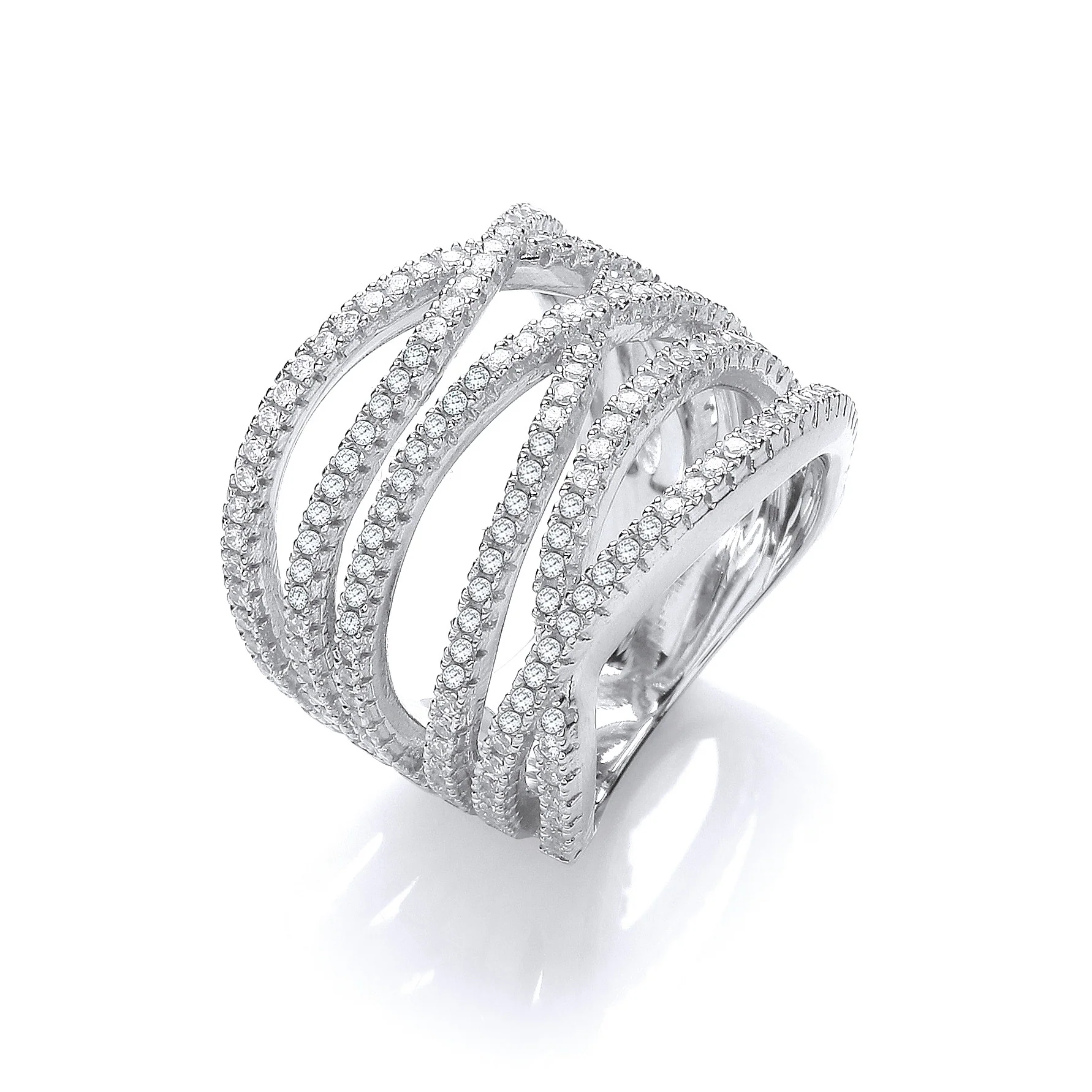Micro Pave' Six Rows of Clear Cubic Zirconia Ring - Silver - Image 2