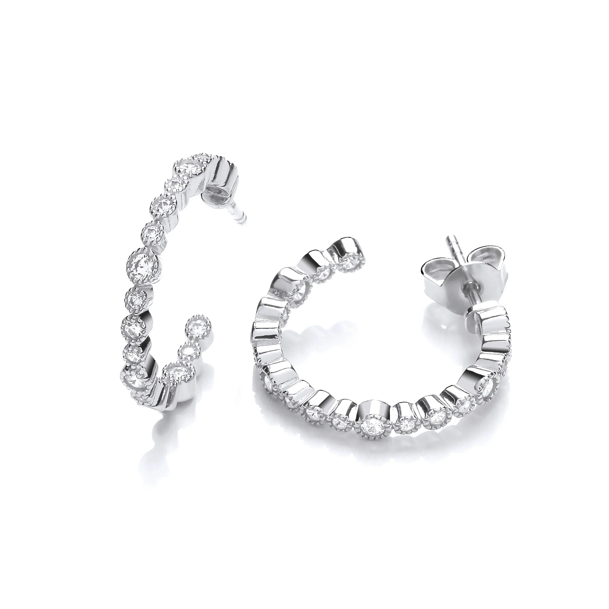 Mill Grain Edge Rubover set Cubic Zirconias Hoop Earrrings - Silver - Image 2