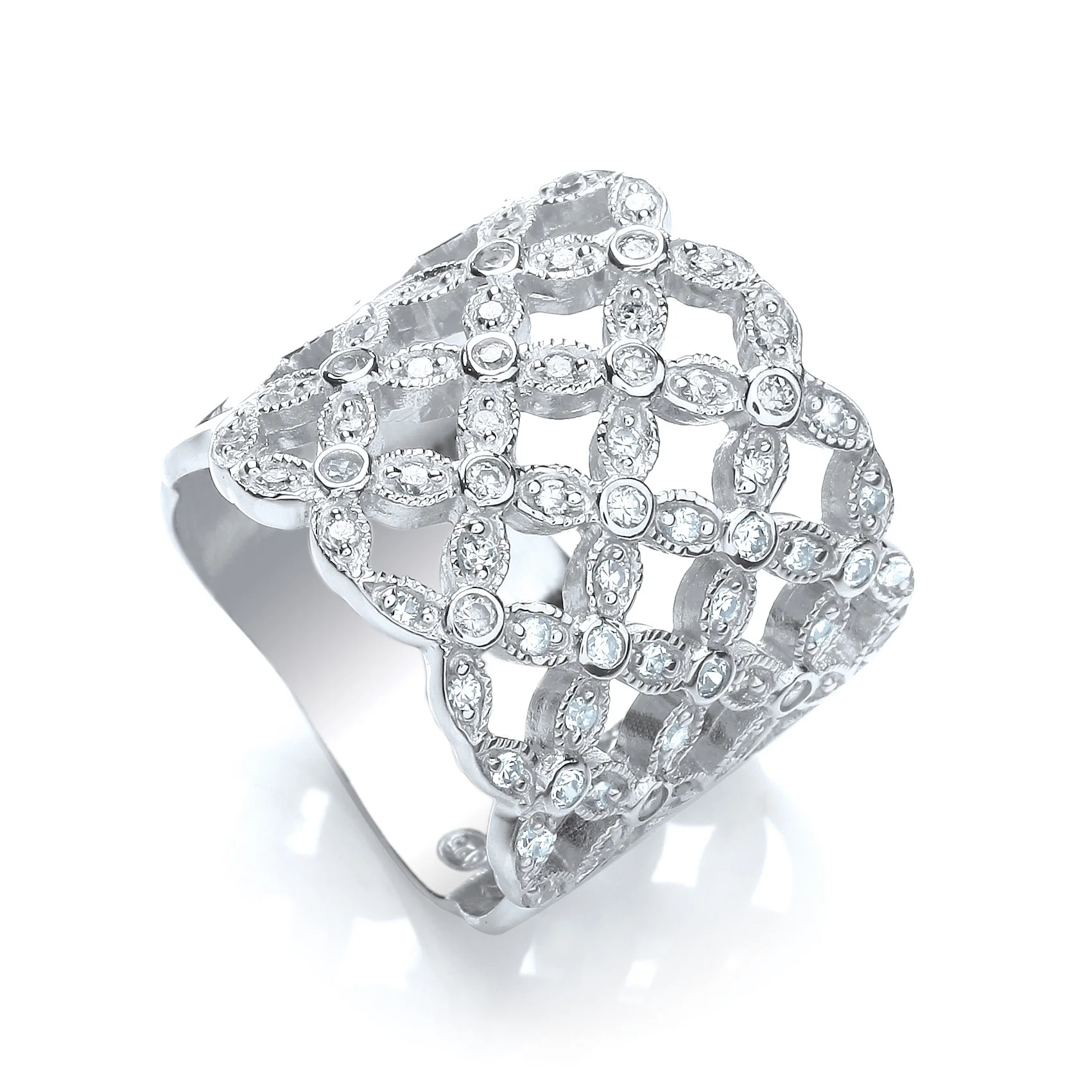 Multi-Row Fancy Flower Cubic Zirconia Ring - Silver
