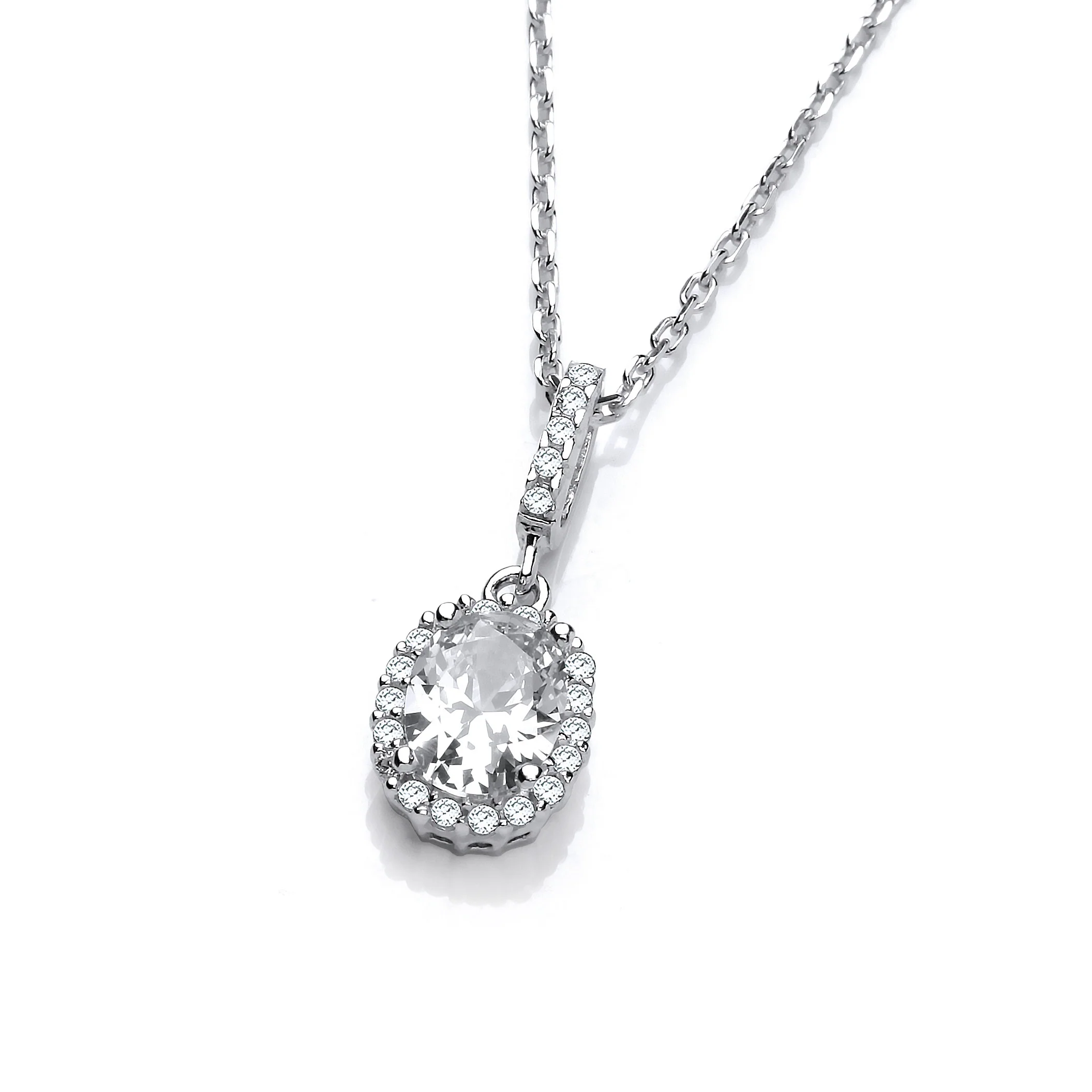 Oval Clear Cubic Zirconia Drop Pendant with 18" Chain - Silver - Image 2