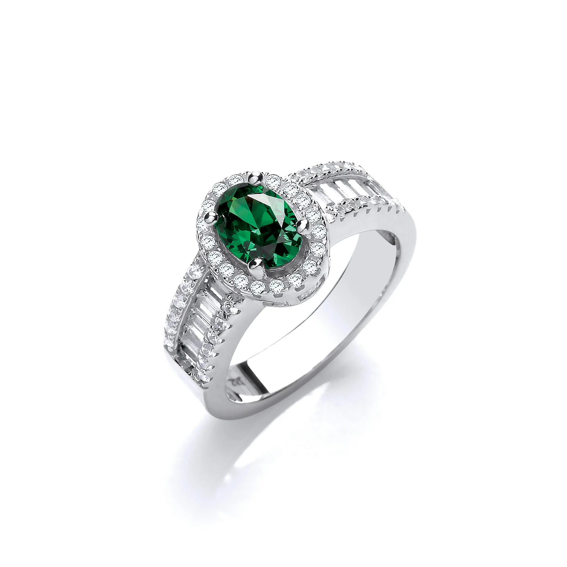 Oval Green Cubic Zirconia with Baguette & Round Cubic Zirconias on Shoulder Silver Ring - Silver - Image 2