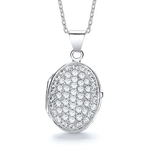 Oval Shape All Cubic Zirconia's on Front Locket - Silver - Image 2