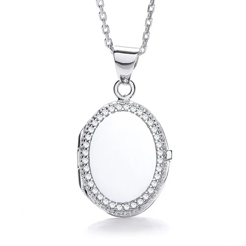 Oval Shape with Thin Line of Cubic Zirconia's Locket - Silver - Image 2
