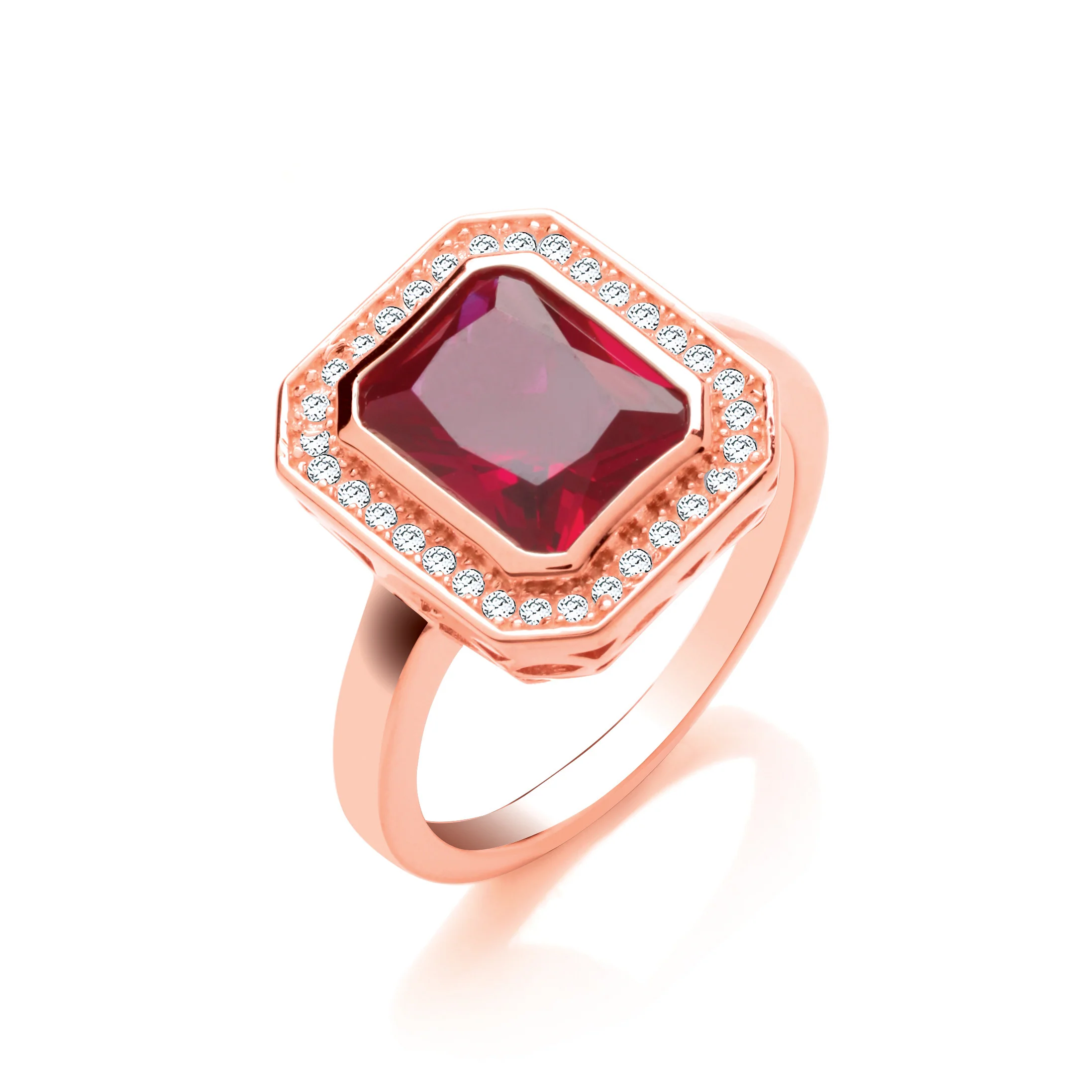 Red Corundum Emerald Cut Rose Gold Plated Silver Ring - Silver
