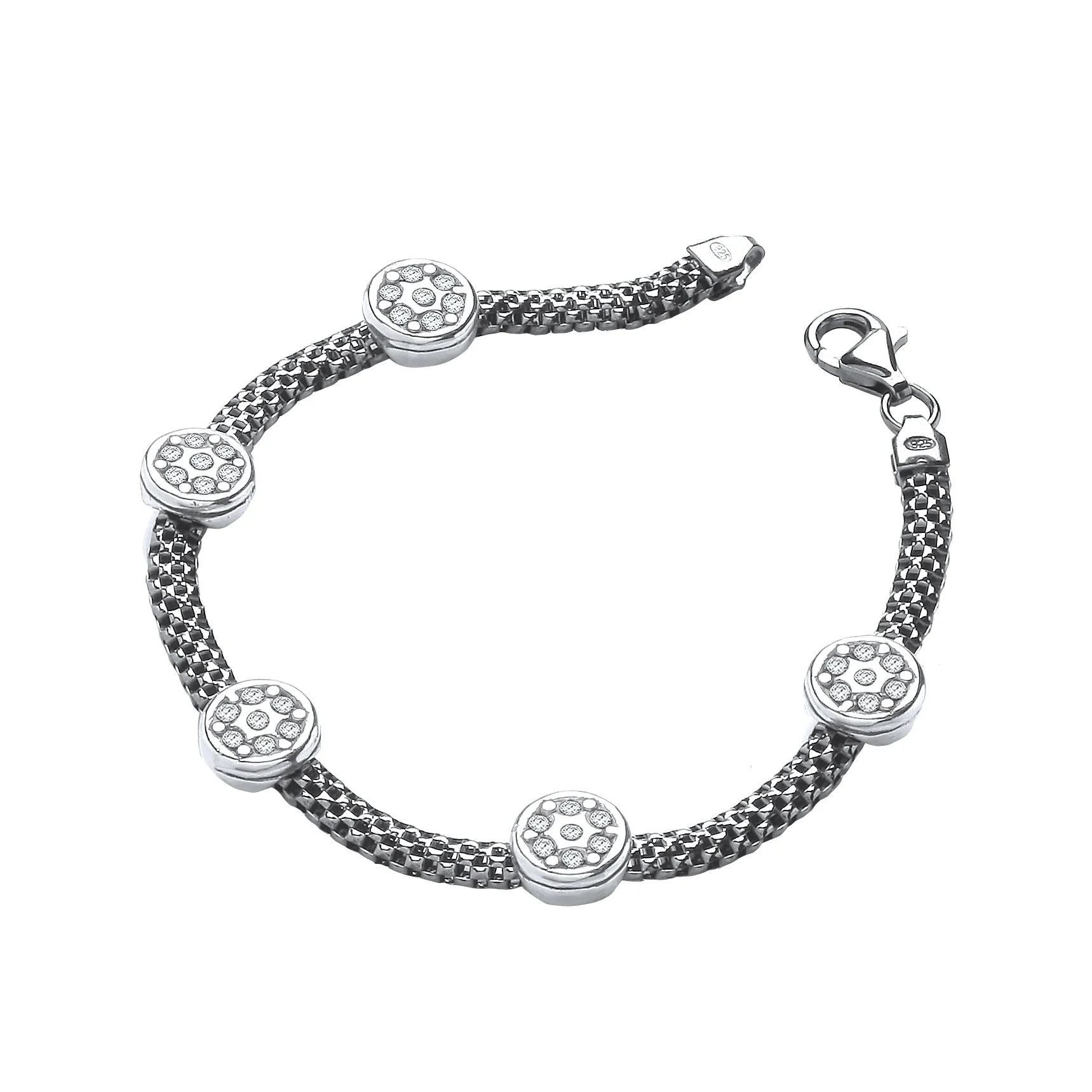 Ruthenium Mesh with Five Circles Cubic Zirconia's 7"/19cm Bracelet - Silver - Image 2